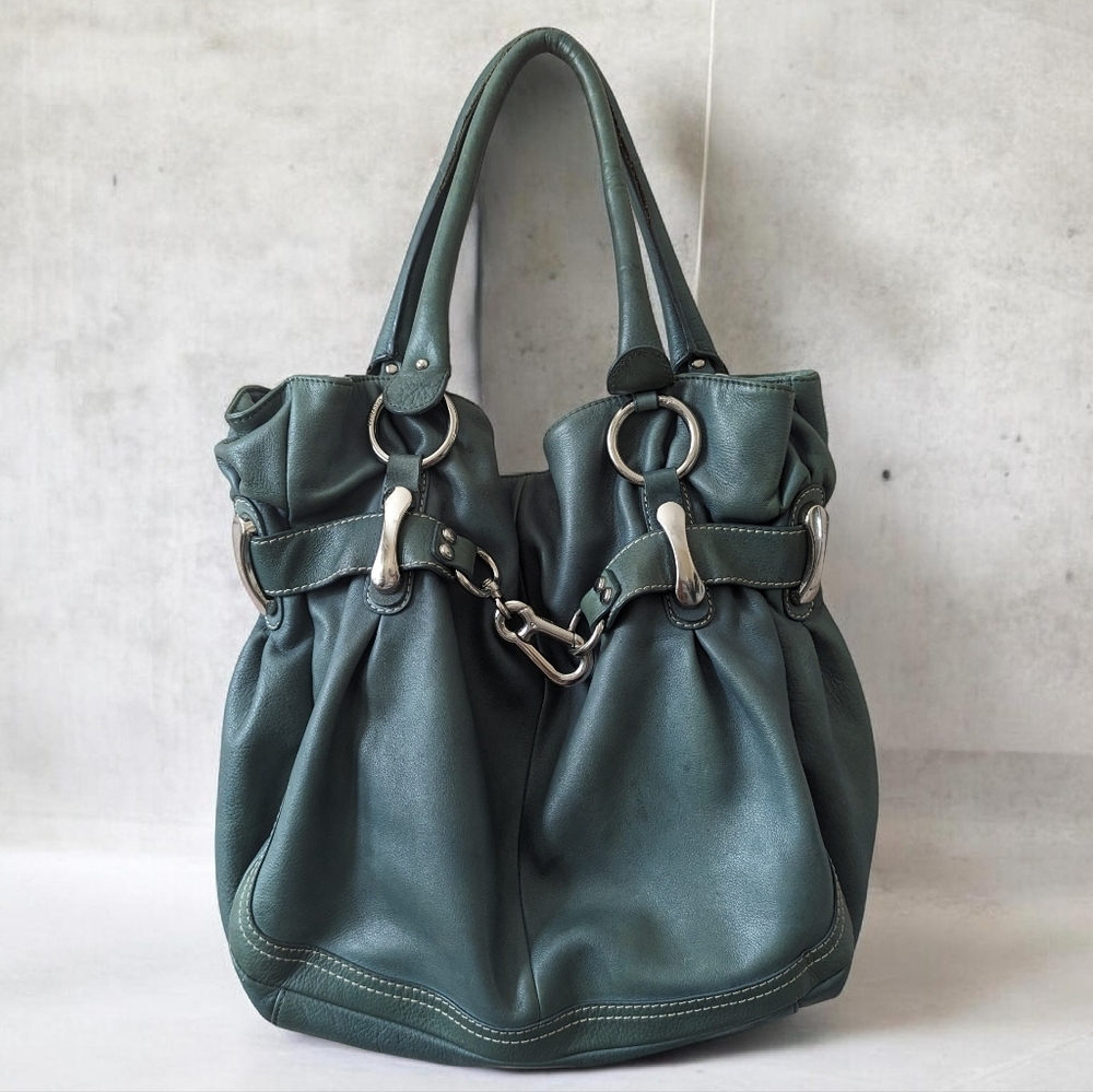 B. Makowsky Teal Slouchy Soft Pebble Leather Hobo Bag Y2K Bohemian Chunky Metal